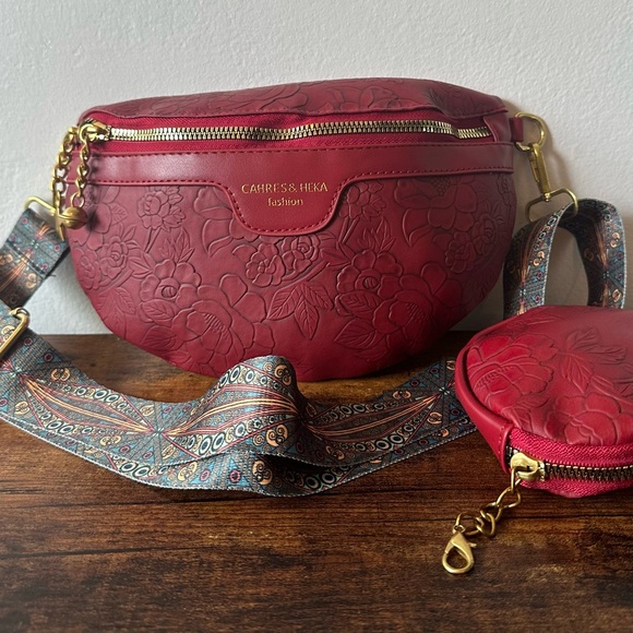 Handbags - Red Floral Embossed Women's Waist or Crossbody Bag Faux Leather & Coin Purse NWT